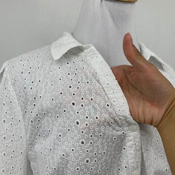 NYDJ Blouse Womens S Small White Fit Is Everything Eyelet Tab Sleeve Shirttail - Picture 4 of 13